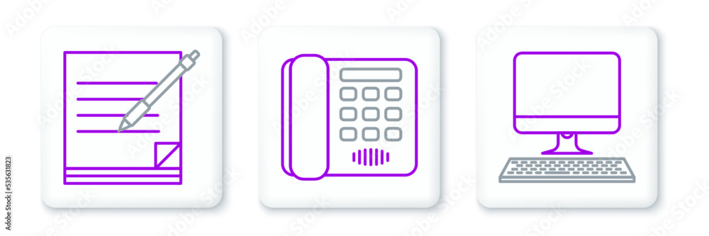 Poster set line computer monitor with keyboard, blank notebook and pen and telephone icon. vector