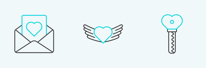Set line Key in heart shape, Envelope with and Heart wings icon. Vector