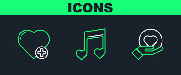 Set line Heart on hand, and Music note, tone with hearts icon. Vector