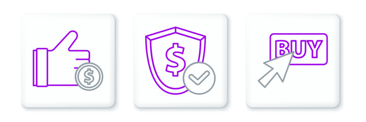 Set line Buy button, Hand holding coin and Shield with dollar icon. Vector