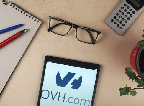 In this photo illustration, OVH, legally OVH Groupe SAS, logo seen displayed on a tablet.