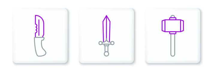 Set line Battle hammer, Military knife and Medieval sword icon. Vector