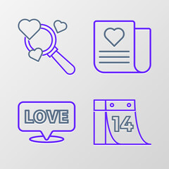 Set line Calendar with February 14, Speech bubble text love, Envelope Valentine heart and Search and icon. Vector