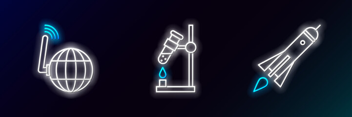 Set line Rocket ship with fire, Social network and Test tube flask on icon. Glowing neon. Vector