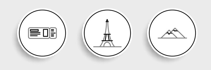 Set line Mountains, Travel ticket and Eiffel tower icon. Vector