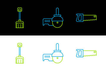 Set line Hand saw, Snow shovel and Angle grinder icon. Vector