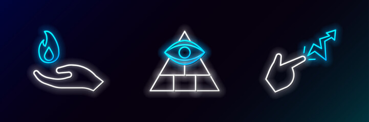 Set line Spell, Hand holding a fire and Masons icon. Glowing neon. Vector