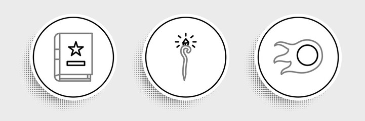 Set line Fireball, Ancient magic book and Magic staff icon. Vector