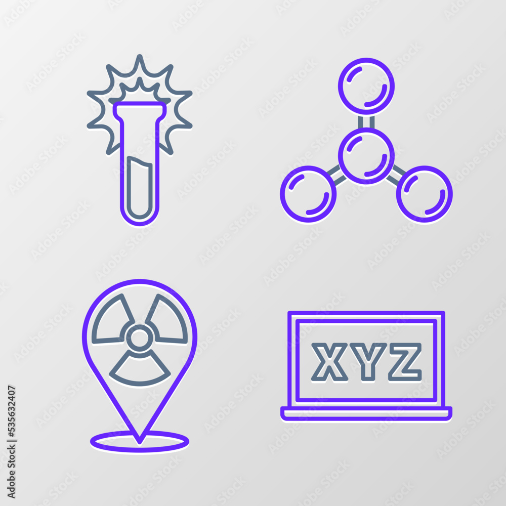 Poster set line xyz coordinate system, radioactive location, molecule and test tube and flask icon. vector