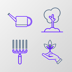 Set line Plant in hand of environmental protection, Garden rake work, Tree the ground and Watering can icon. Vector
