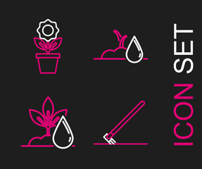 Set line Garden rake in work, Watering plant, sprout and Flower pot icon. Vector