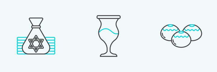 Set line Jewish sweet bakery, money bag and goblet icon. Vector