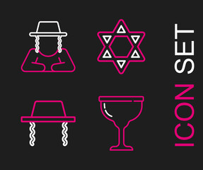 Set line Jewish goblet, Orthodox jewish hat, Star of David and icon. Vector