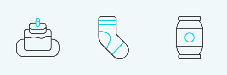 Set line Beer can, Cake and Christmas stocking icon. Vector