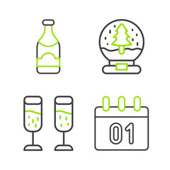 Set line Calendar, Glass of champagne, Christmas snow globe and Champagne bottle icon. Vector
