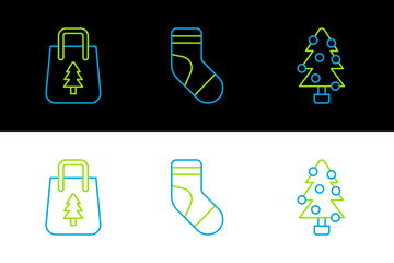 Set line Christmas tree, shopping bag and stocking icon. Vector
