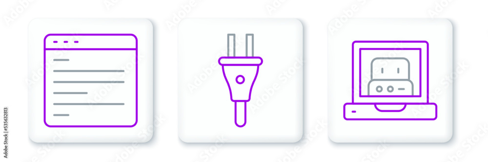 Aufkleber set line creating robot, computer api interface and electric plug icon. vector