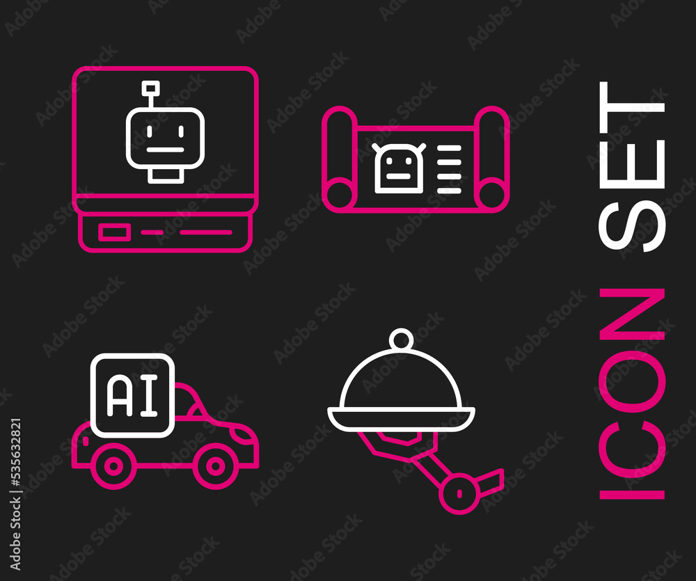 Poster set line waiter robot, autonomous smart car, robot blueprint and icon. vector