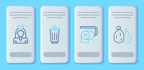 Set line Trash can, Toilet paper roll, Cleaning lady service and Garbage bag icon. Vector