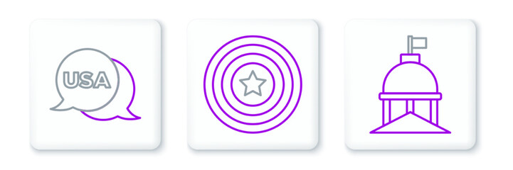 Set line White House, USA Independence day and American star shield icon. Vector