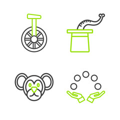 Set line Juggling ball, Monkey, Magician hat and Unicycle or one wheel bicycle icon. Vector