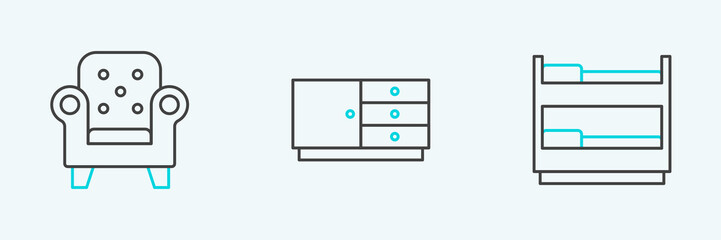 Set line Bunk bed, Armchair and Chest of drawers icon. Vector