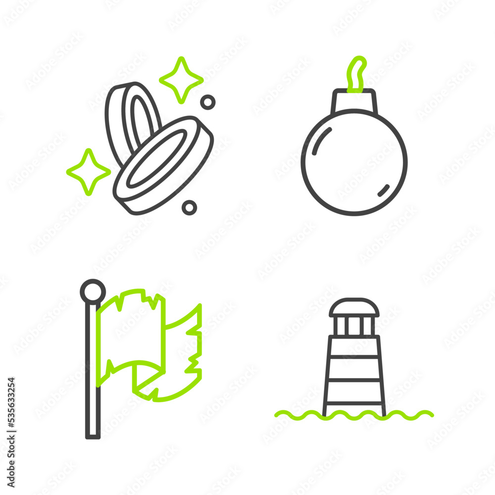 Poster set line lighthouse, pirate flag, bomb ready to explode and coin icon. vector
