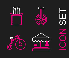 Set line Attraction carousel, Vintage bicycle with one big wheel and one small, Unicycle or and Magician hat rabbit ears icon. Vector