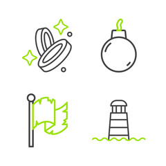 Set line Lighthouse, Pirate flag, Bomb ready to explode and coin icon. Vector