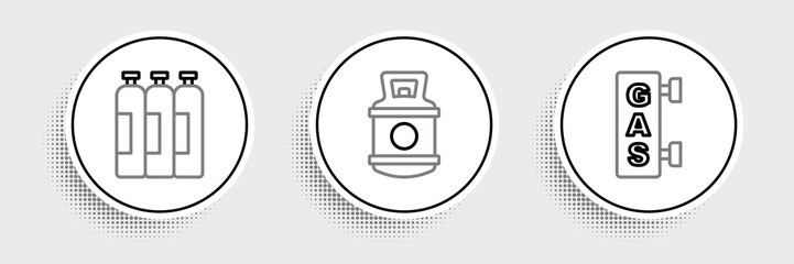 Set line Gas filling station, Industrial gas cylinder tank and Propane icon. Vector