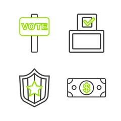 Set line Stacks paper money cash, Shield with stars, Vote box and icon. Vector