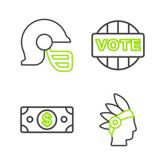 Set line Native American Indian, Stacks paper money cash, Vote and football helmet icon. Vector