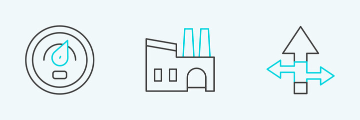 Set line Arrow, Digital speed meter and Factory icon. Vector