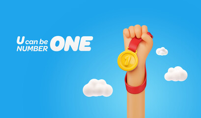 3d cartoon hand holding golden medal on blue sky background and clouds. First place winning celebration in sport competitions