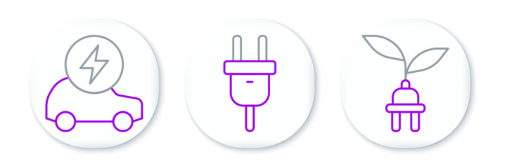 Set line Electric saving plug in leaf, car and icon. Vector