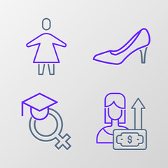 Set line Money growth woman, Teacher, Woman shoe and Female icon. Vector