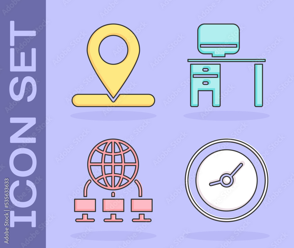 Poster set clock, location, computer network and computer monitor and desk icon. vector