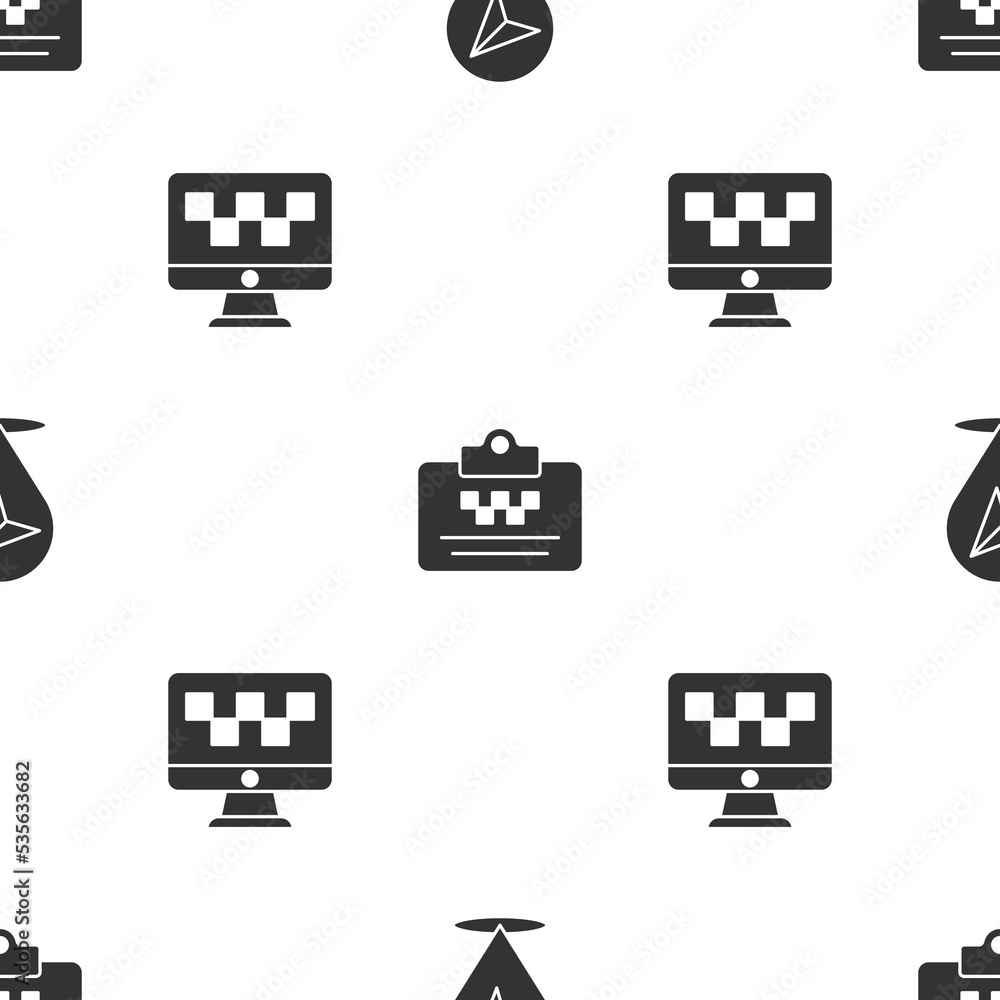 Aufkleber set location, taxi driver license and computer call taxi service on seamless pattern. vector