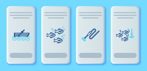 Set line Fish, Fishing line with hook and float, boat oars on water and under fish icon. Vector