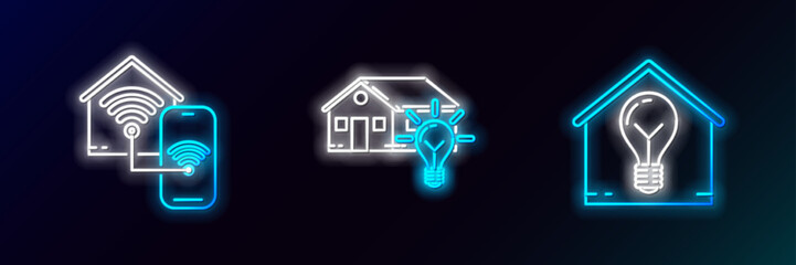 Set line Smart house and light bulb, home with wi-fi and icon. Glowing neon. Vector