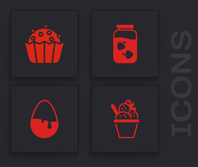 Set Ice cream in bowl, Cupcake, Strawberry jam jar and Chocolate egg icon. Vector