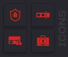 Set Laptop and lock, System bug, Password protection and Credit card icon. Vector