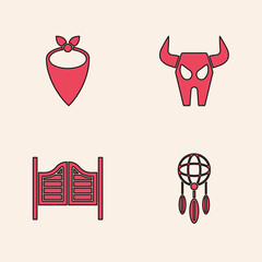 Set Dream catcher with feathers, Cowboy bandana, Buffalo skull and Saloon door icon. Vector