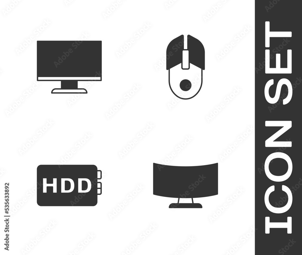 Poster set computer monitor screen, , hard disk drive hdd and mouse icon. vector