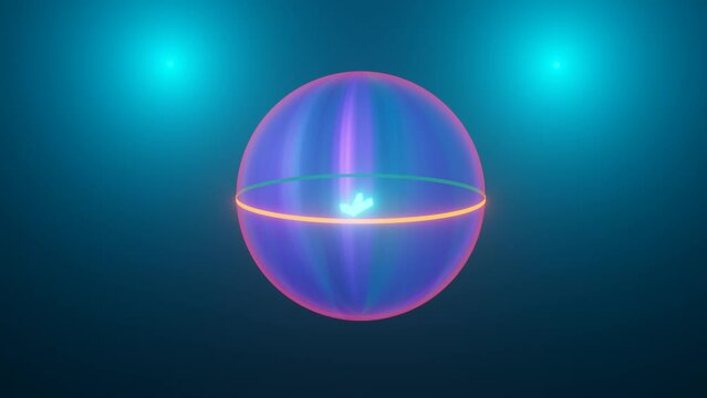 Quantum qubit in superposition state, bloch sphere, visualisation of concept of quantum coputing, illustration, 3D rendering, animation