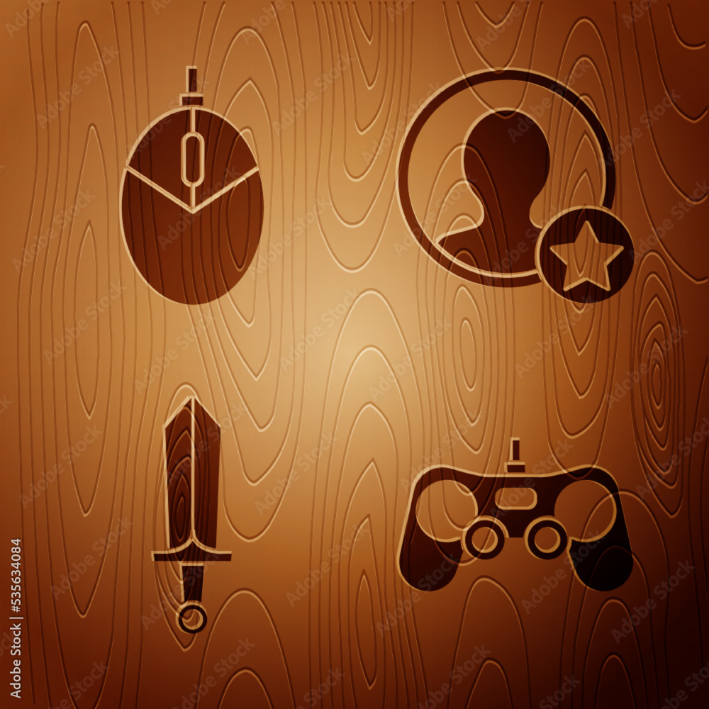 Poster set gamepad, computer mouse gaming, sword for game and premium create account screen on wooden backg