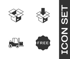 Set rice tag with Free, Unboxing, Forklift truck and Carton cardboard icon. Vector