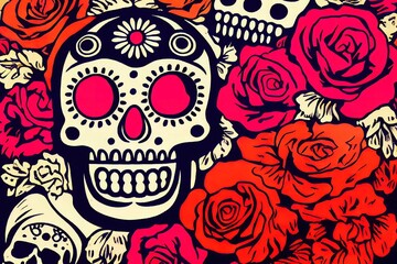 Calavera, Mexican sugar skull makeup and flowers for dia de los Muertos (Day of the Dead). 