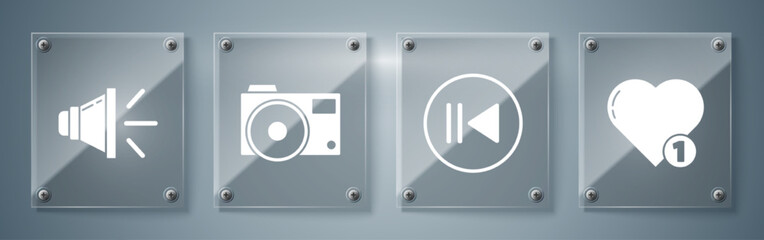Set Like and heart, Rewind, Photo camera and Speaker volume. Square glass panels. Vector