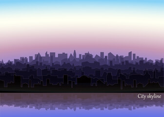 Morning landscape of modern city silhouettes nd reflection in water. Cityscape with sunrise. Vector cityline background